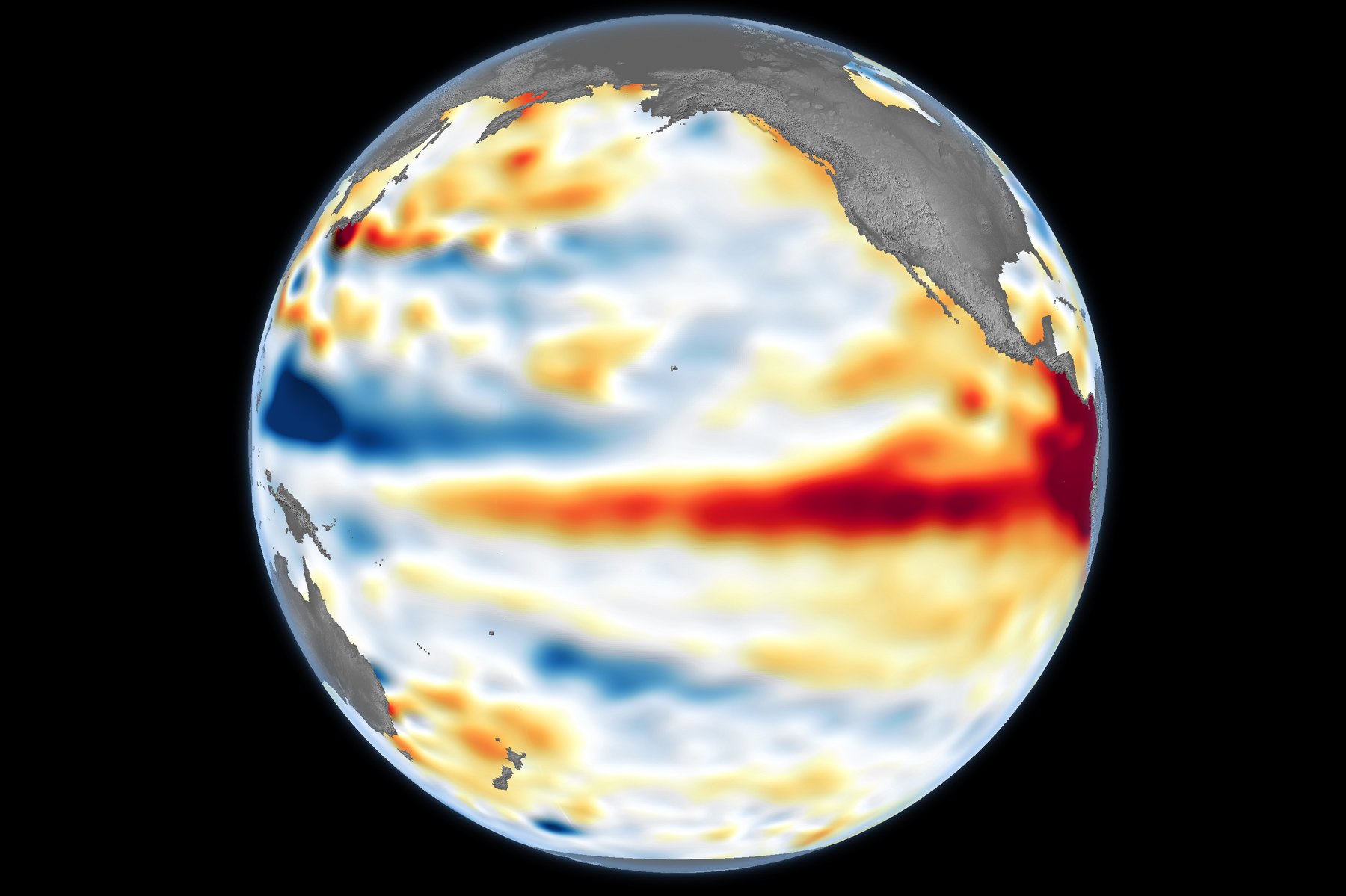 NASA satellite map of the Pacific showing a band of higher-than-normal sea surface height (red) along the equator reaching the coast of South America, 8 June 2026